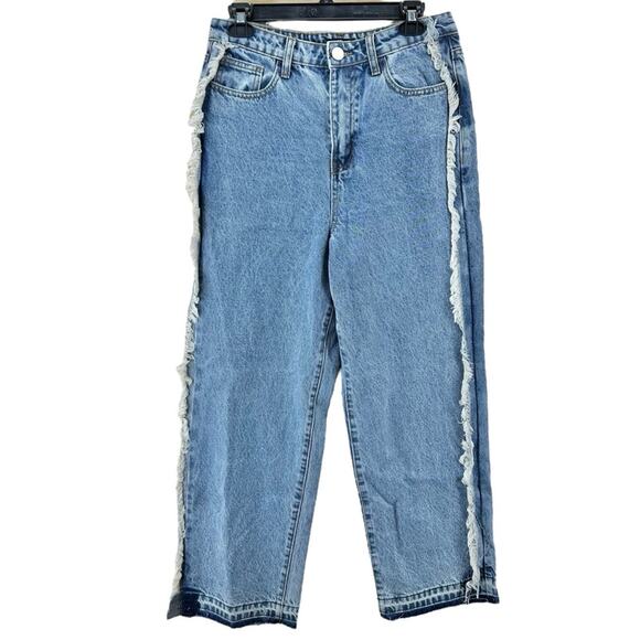 NWT Nasty Gal fray seam straight leg high rise jeans in light blue woman’s sz 8 - Picture 1 of 12